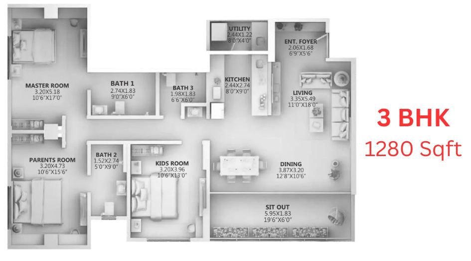 Ganga-Arcadia-Floor-Plan-3 BHK-1280Sqft